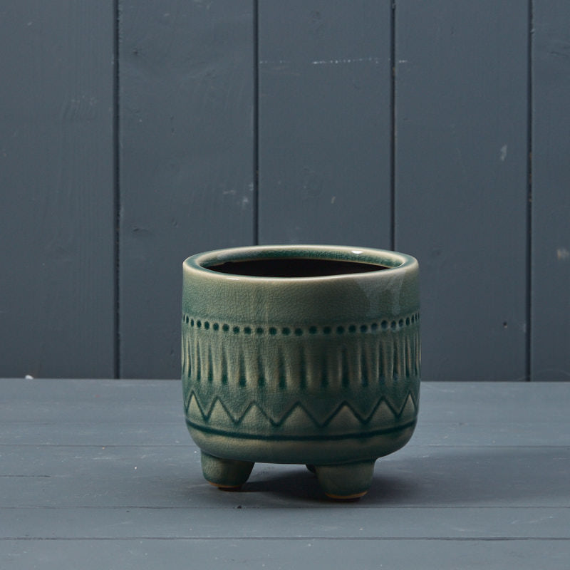 Green Patterned Ceramic House Plant Pot on Legs 12.5cm Southwood