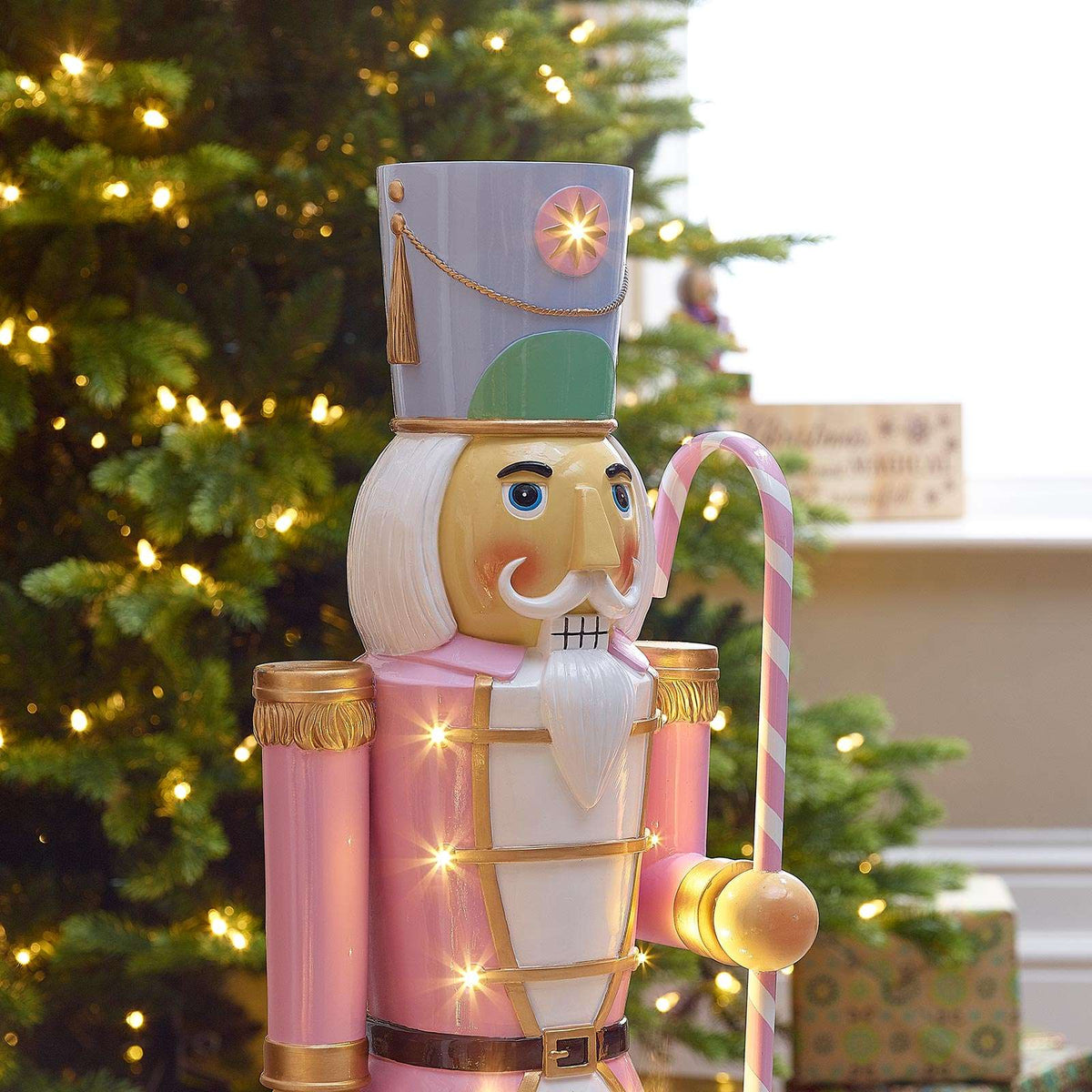 Noel the 3ft Pastel Pink Giant Nutcracker with Candy Cane Light Up I
