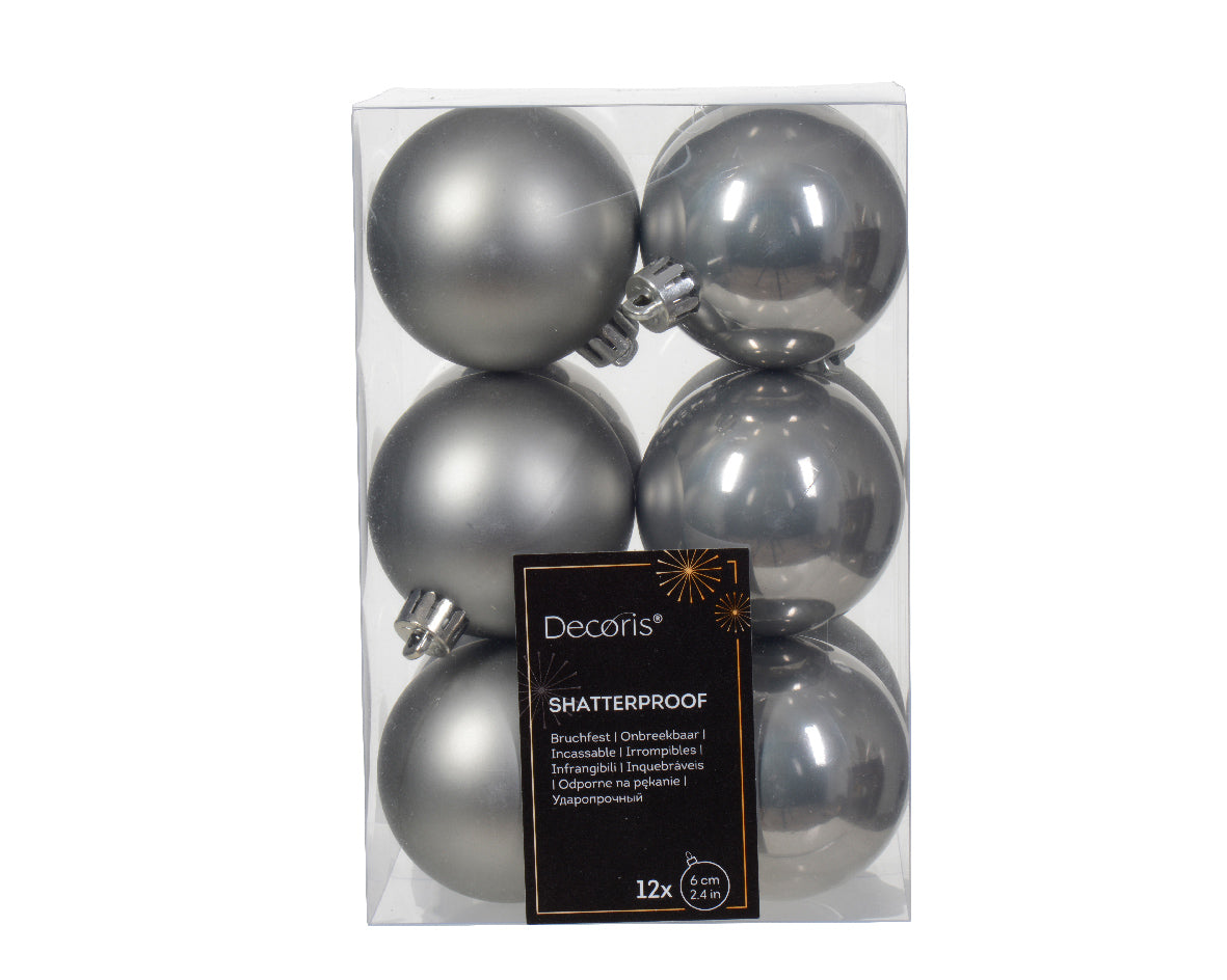 Set of 12 Matt and Shiny Marble Grey Shatterproof Baubles