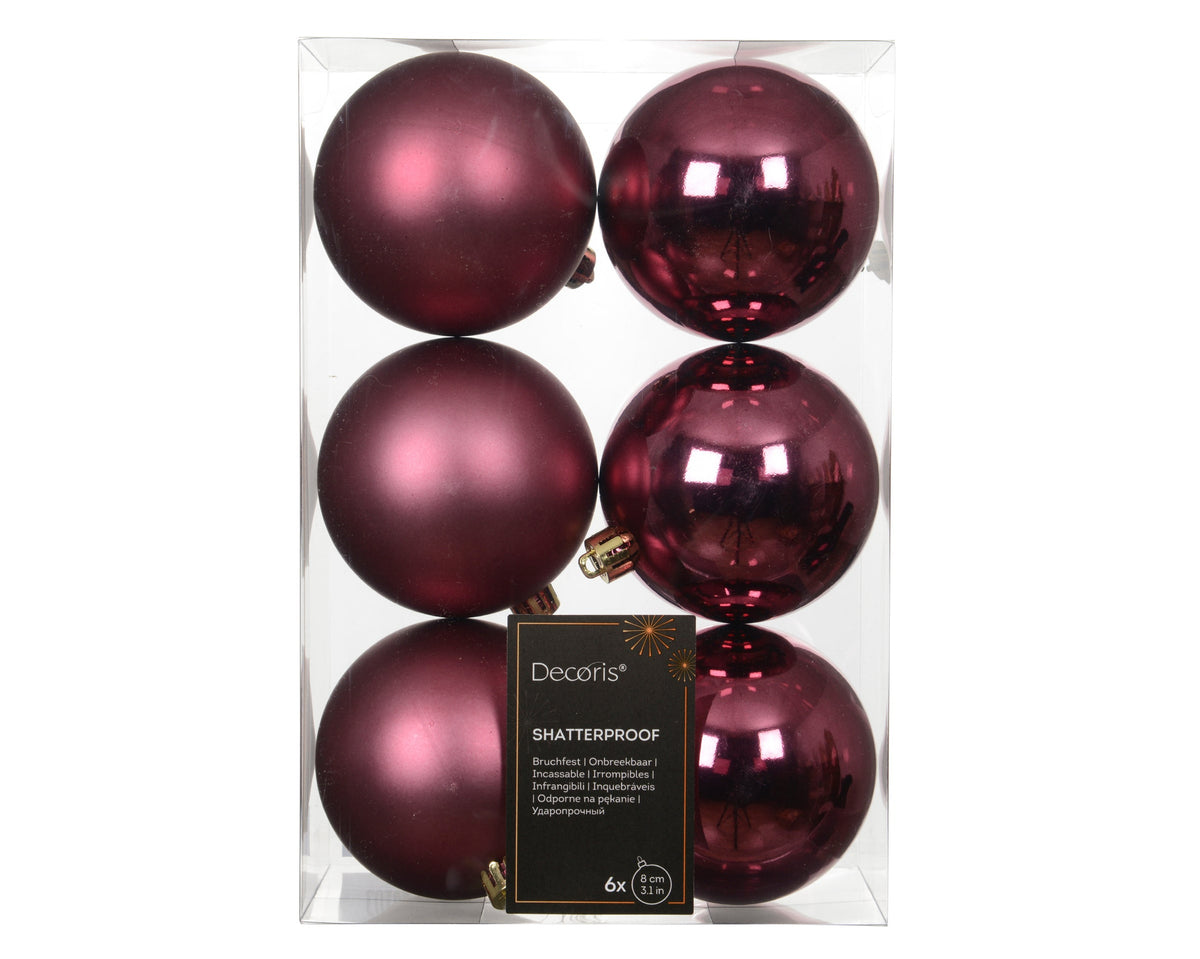 Matt & Shiny Mix Shatterproof Enamel Dark Rose Bauble Set of 6 - 8cm