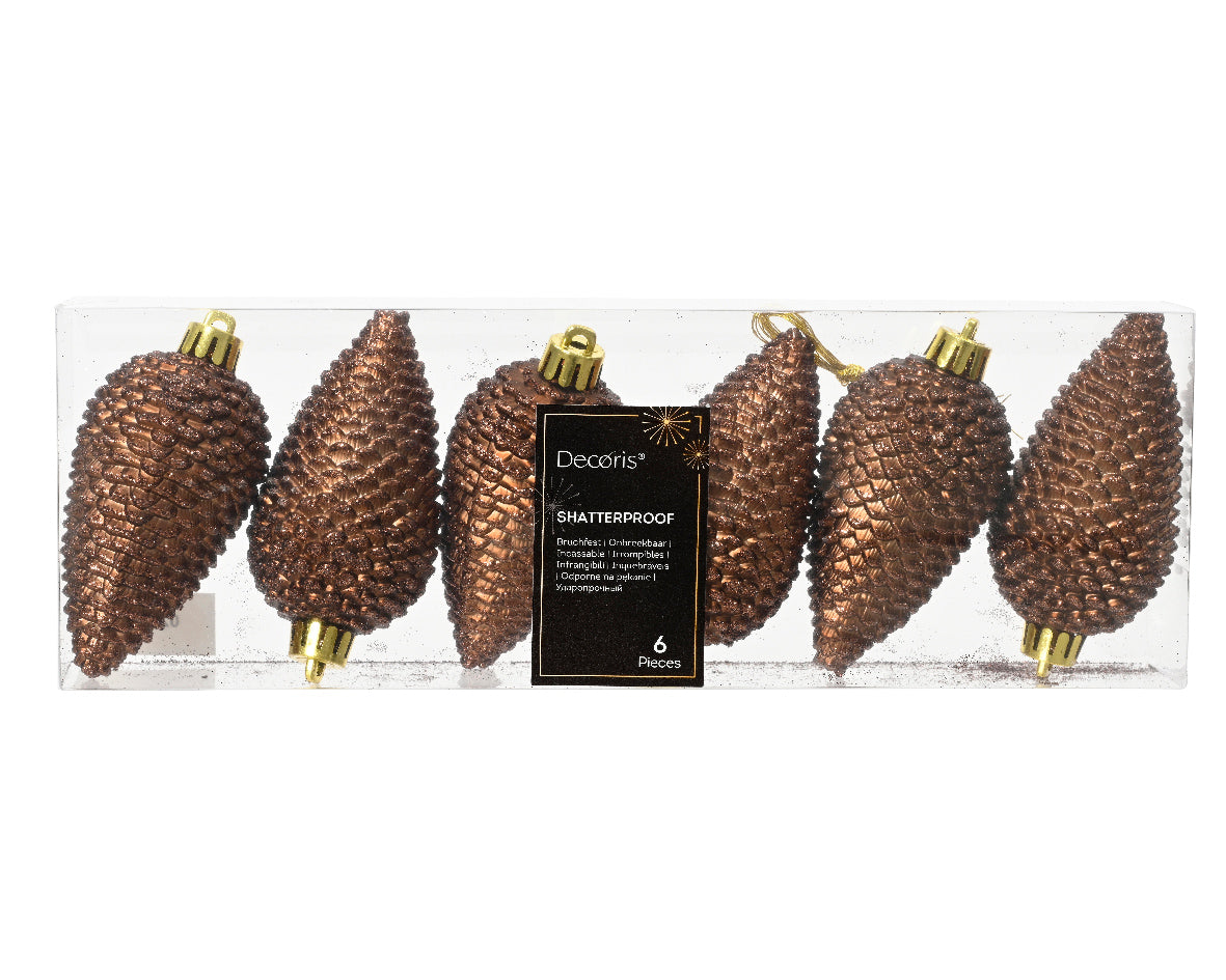 Intricate Glitter Espresso Pinecone Shatterproof Baubles - Set of 6