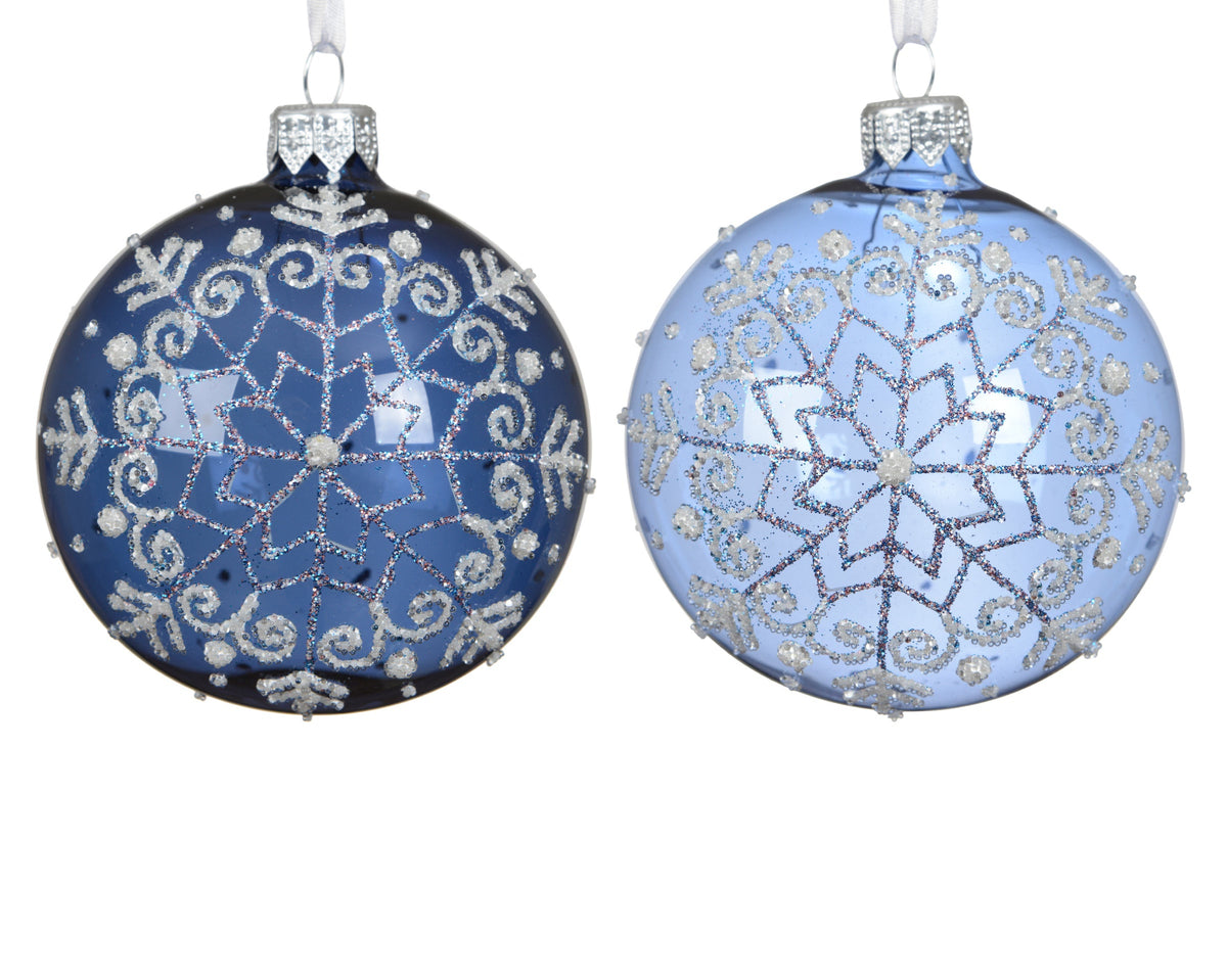 Blue & White Glitter Patterned Bauble - 8cm
