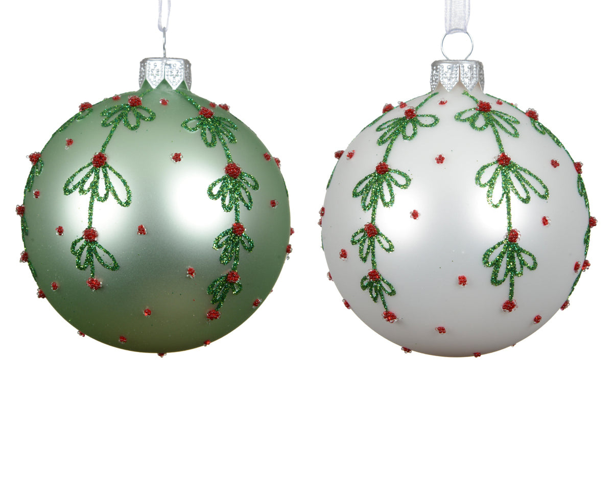 8cm Glitter Holly Glass Bauble