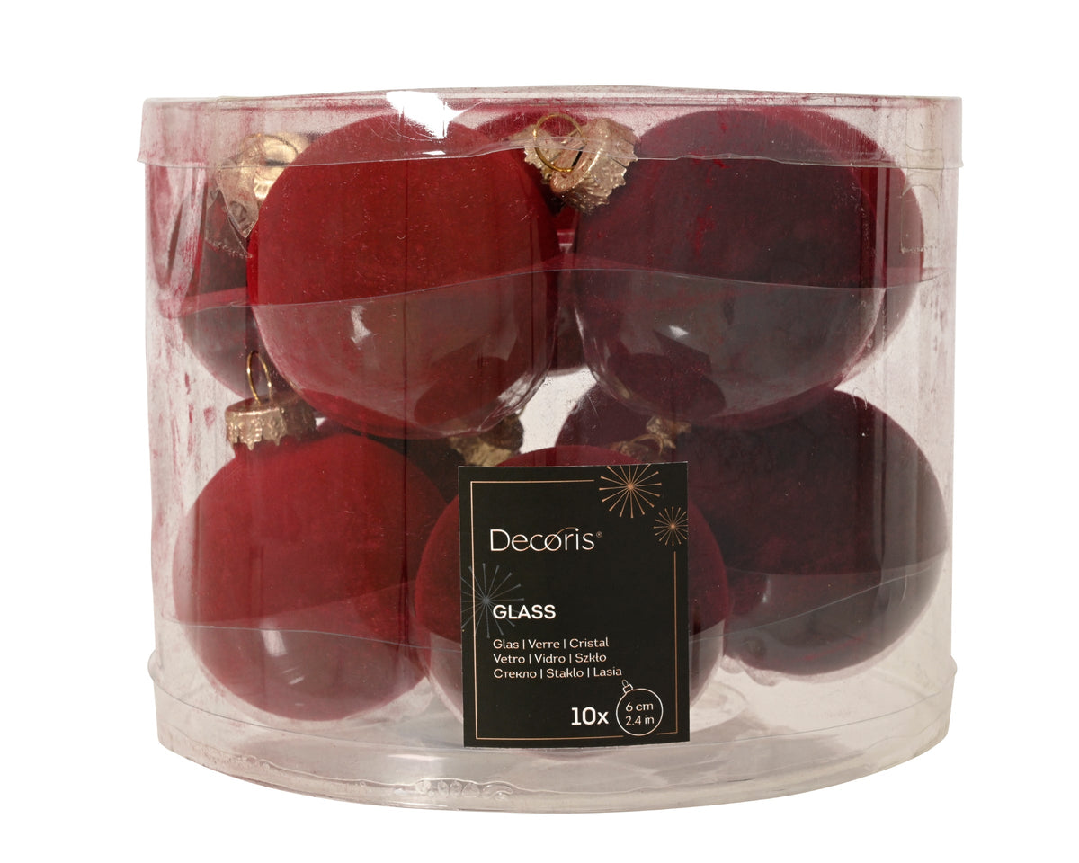 Oxblood & Red Flock Finish Glass Baubles Set of 10 - 6cm