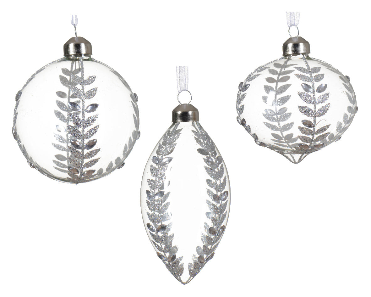 Glass Ornament with a Clear Diamond Leaf Glitter Design