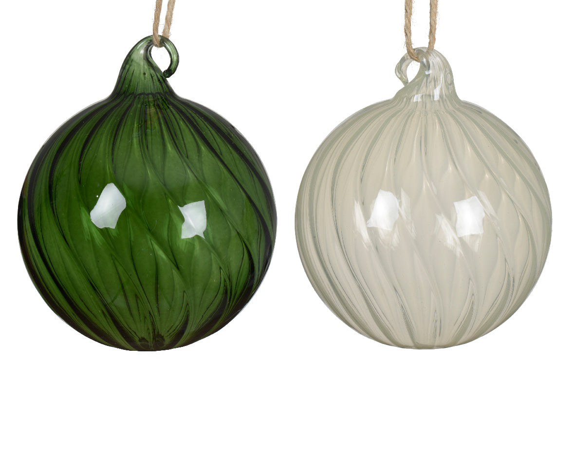 Green / Clear Glass Bauble with Swirl Detailing - 10cm