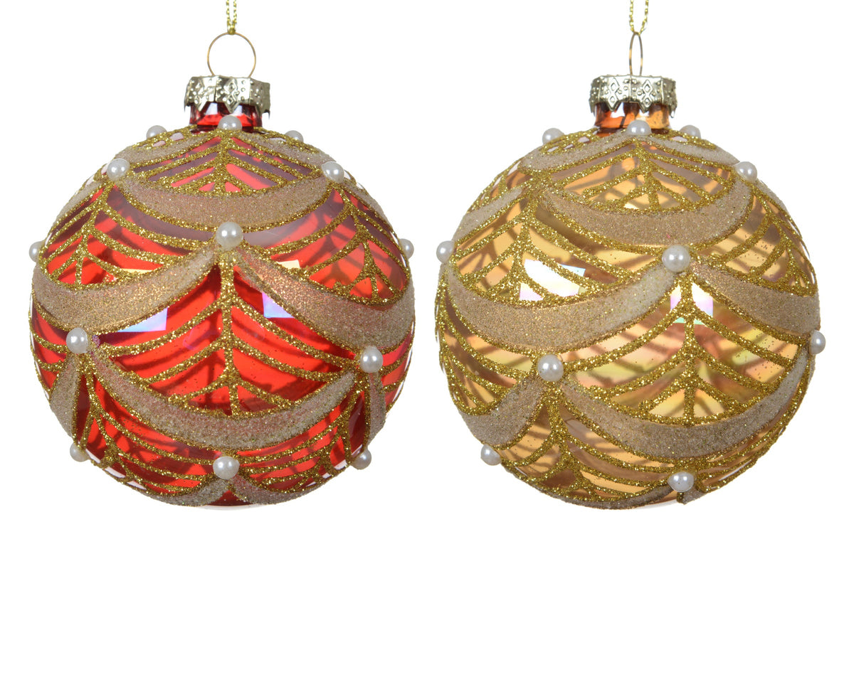 Iris Glitter Bauble with Pearls Red or Gold  - 8cm