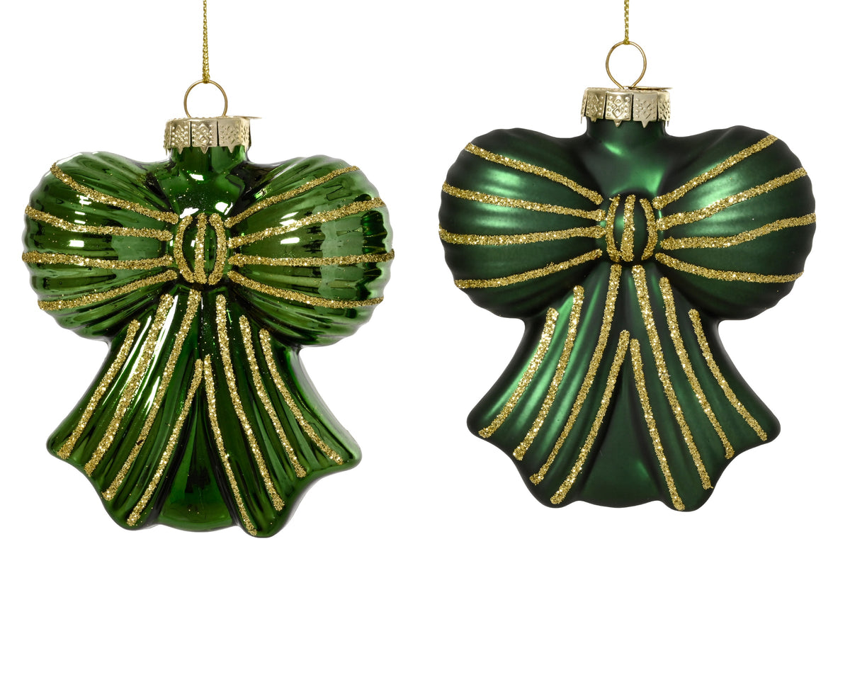Pine Green Glass Bow Shaped Bauble - 8cm