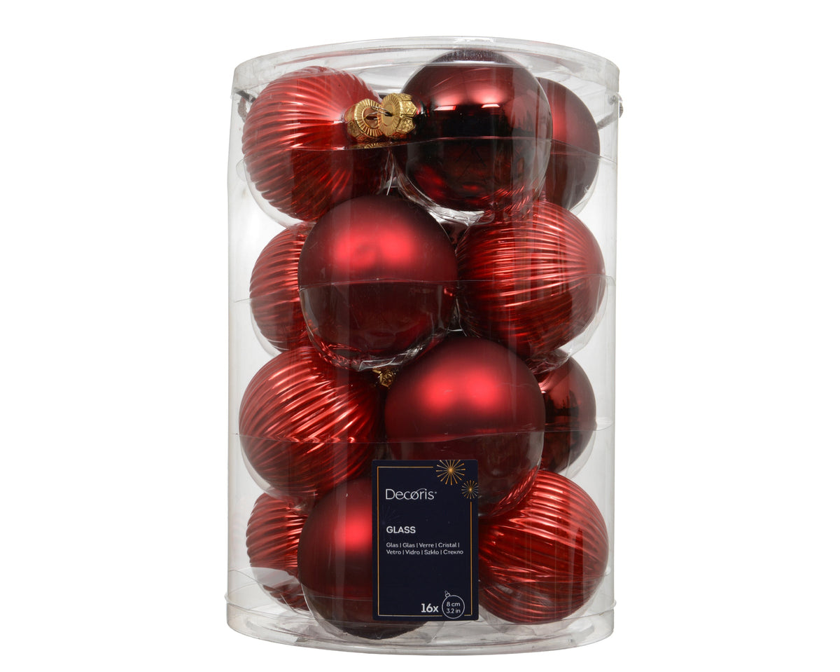 Matte & Shiny Red Textured Glass Baubles 8cm - Pack of 16