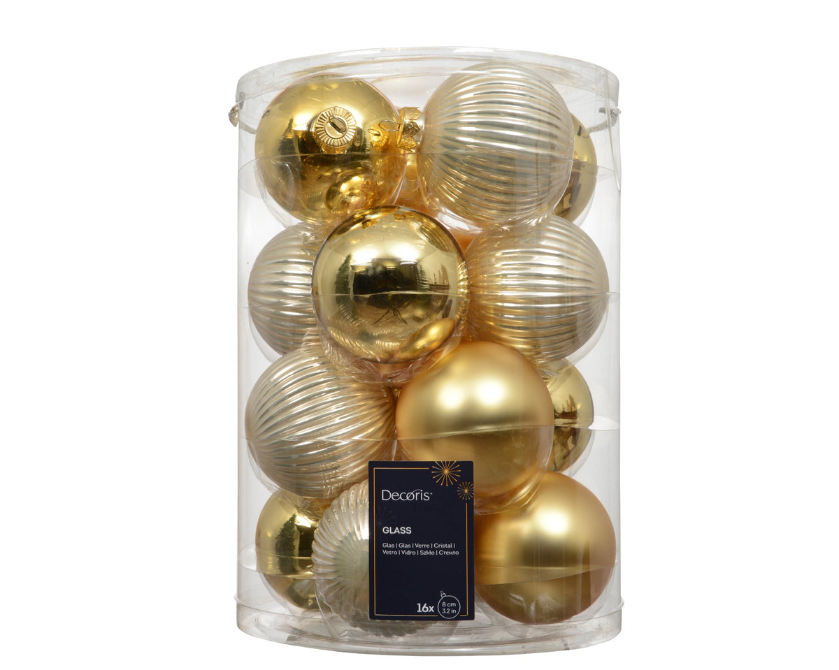 Matte & Shiny Gold and Textured Enamel Glass Baubles 8cm - Pack of 16