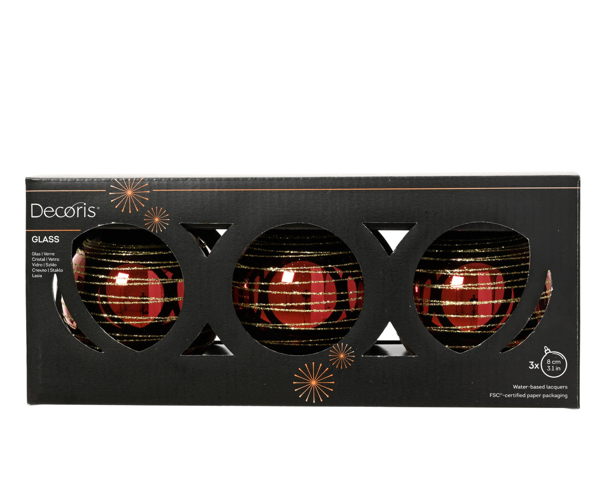 Oxblood Red with Gold Glitter Swirls Glass Baubles 8cm - Pack of 3
