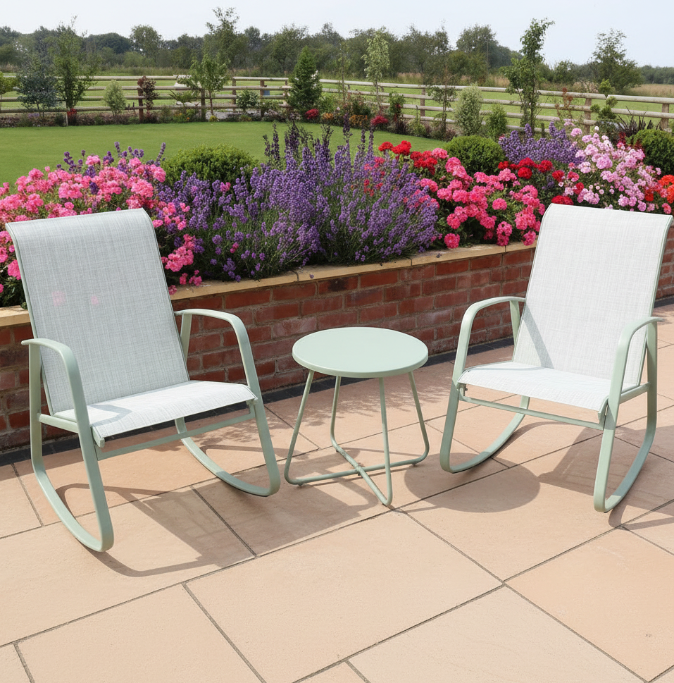 Pale Green Rocking Chair Metal Bistro Set with Table