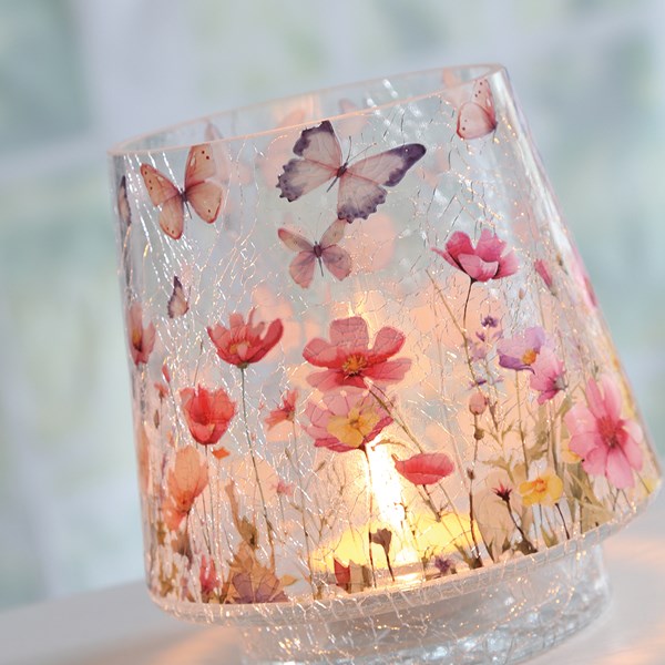 Glass Floral Butterfly Decorative Candle Holder - 18cm