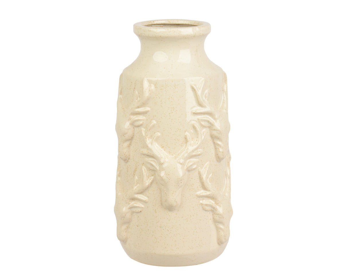Reindeer Head Design Porcelain Cylinder Reaction Cream Glazed Vase 29.5cm