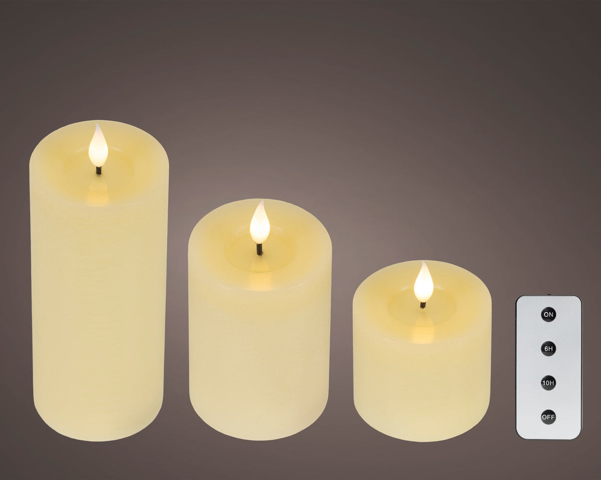 Set of 3 Cream Realistic Wick Wax Candles with Remote Control