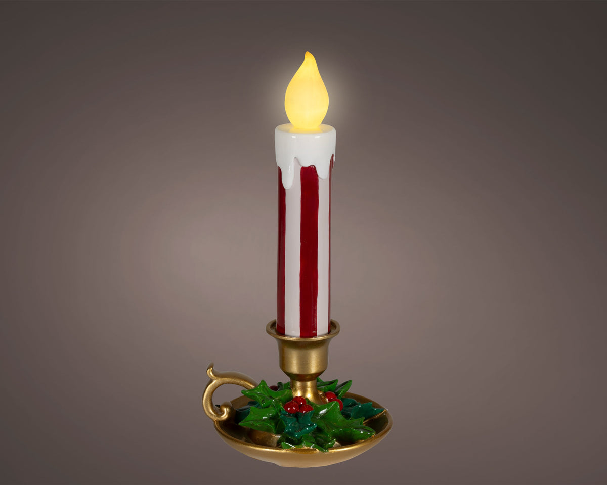 Traditional Red & White Striped LED Candle with Holder 37.5cm