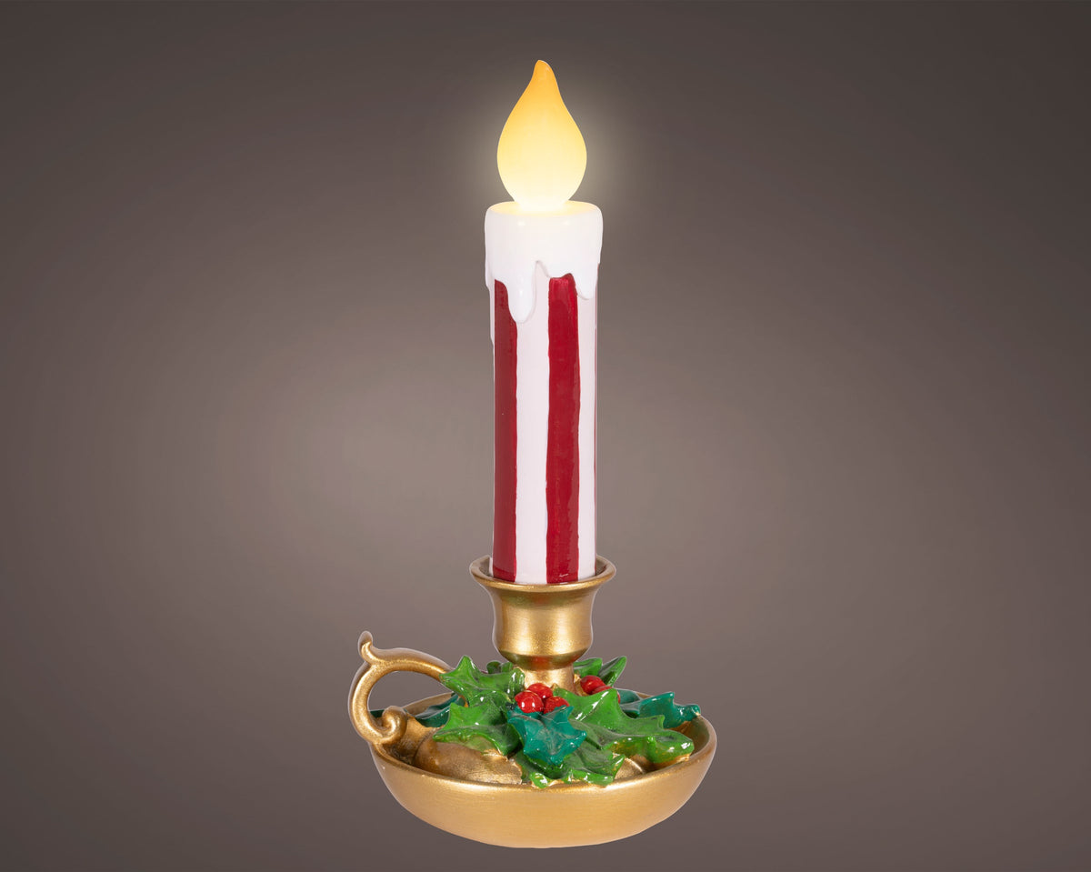Traditional Red & White Striped LED Candle with Holder 24cm