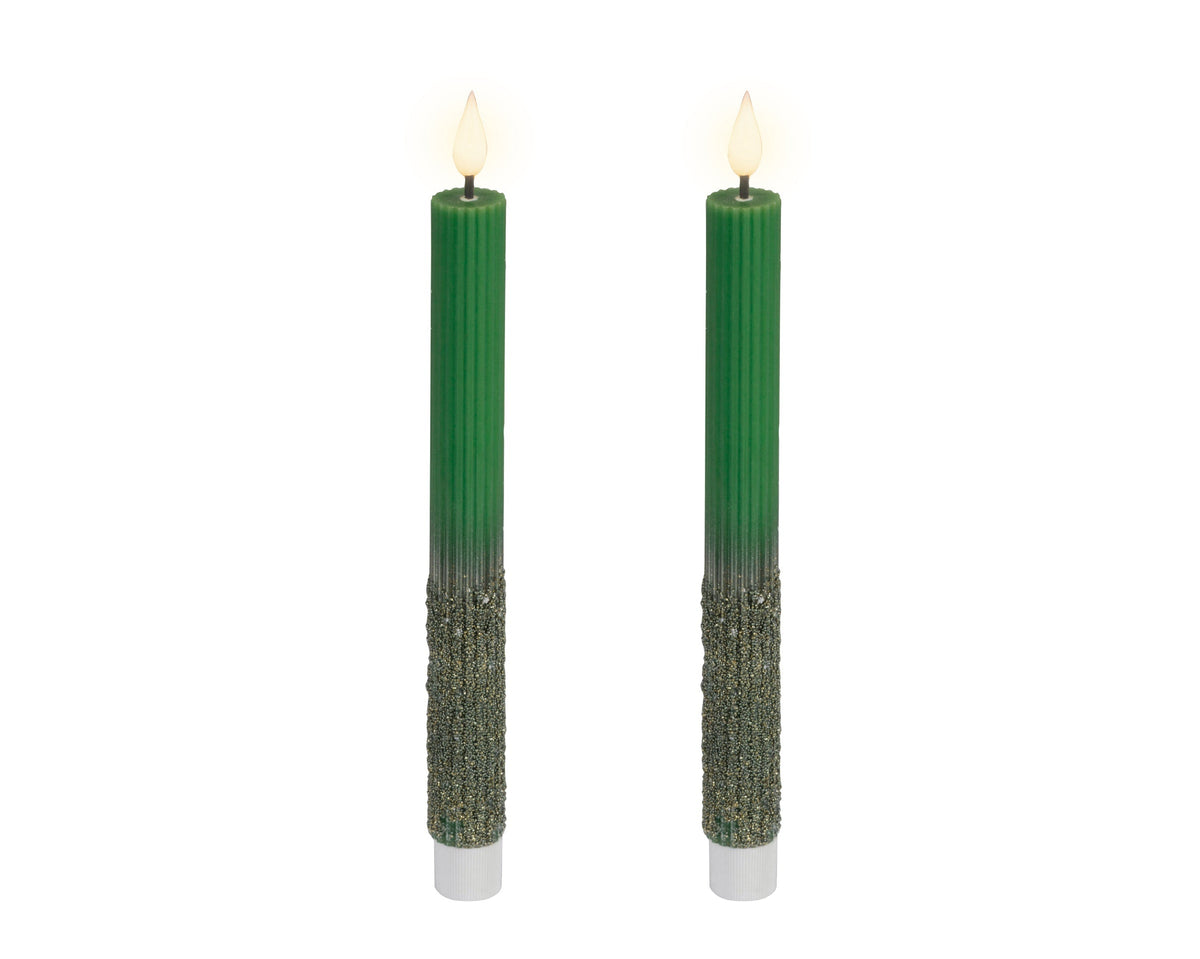 LED Realistic Green with Green Glitter Dinner Candle with Flame Effect 24.5cm