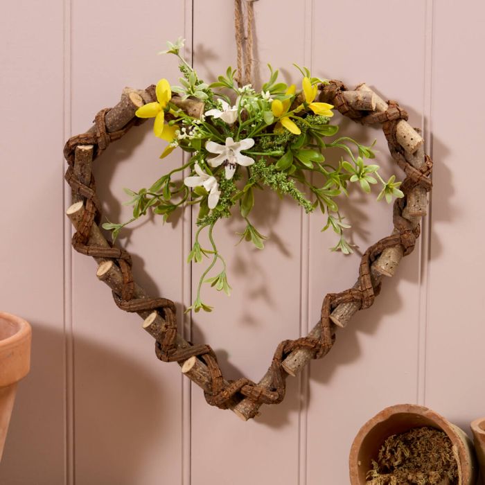 Twig Effect Heart Wreath With Faux Foliage And Yellow Flowers