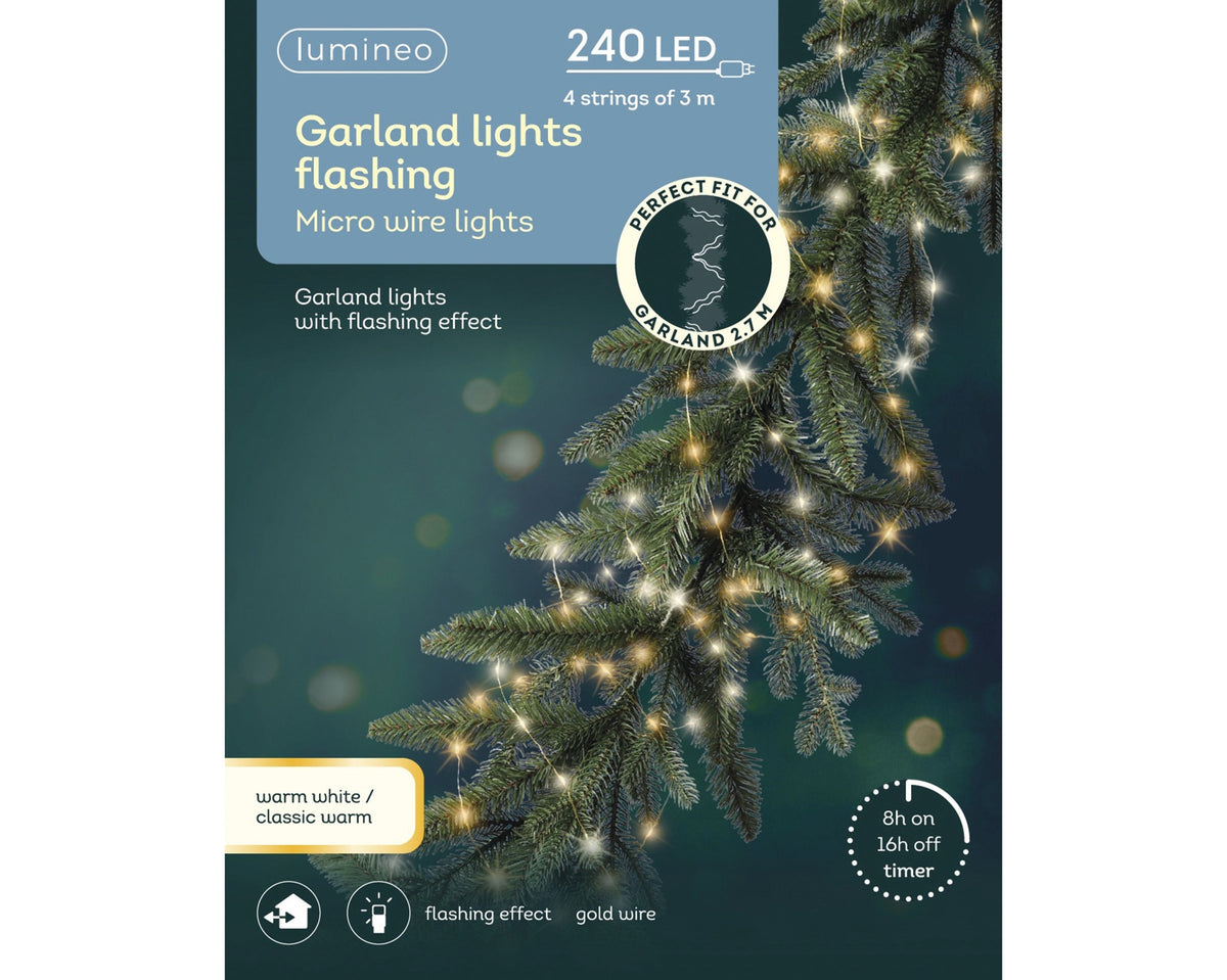 Lumineo 240 Micro LED Garland Gold, Warm White & Classic Warm White Mixed Twinkle Lights on Gold Wire