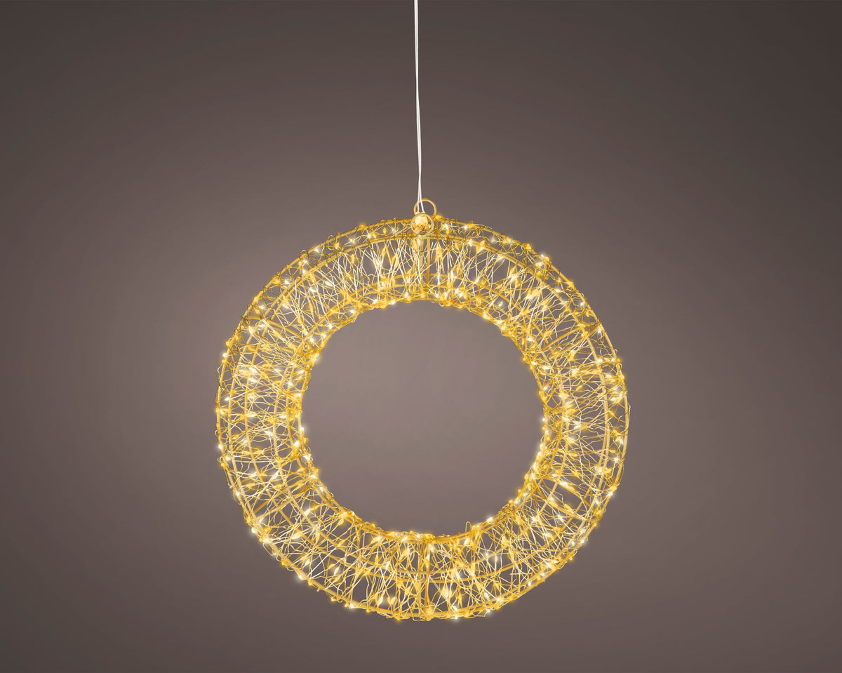 Lumineo 38cm Gold, Warm & Classic White Light Up Outdoor Gold Wire Wreath with 500 LEDs