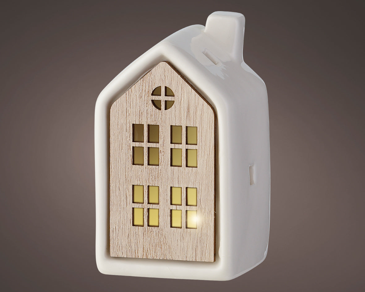 White Glazed Ceramic Light Up House with Wood