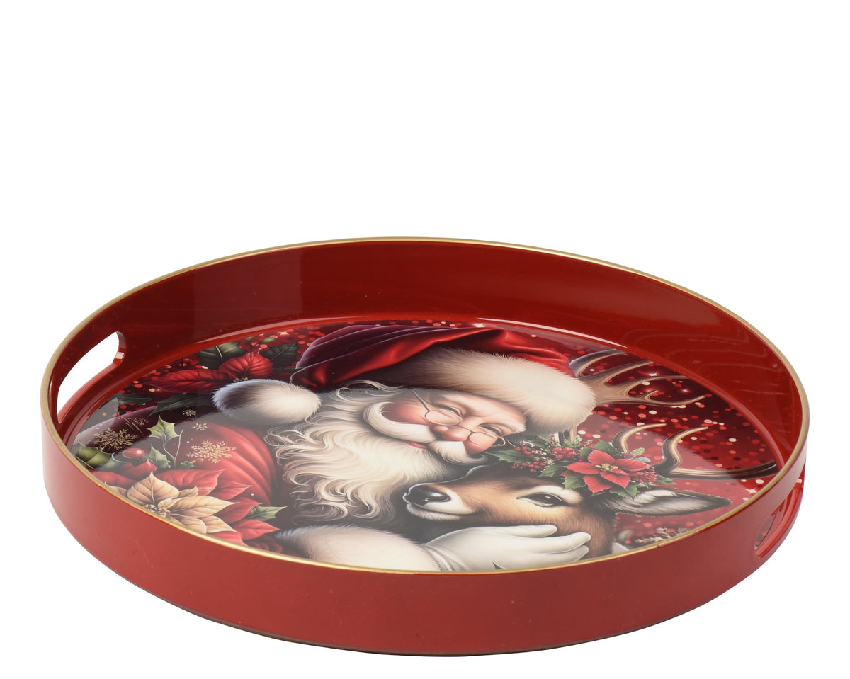 Shiny Gold Rim Santa Round Serving Tray 33cm