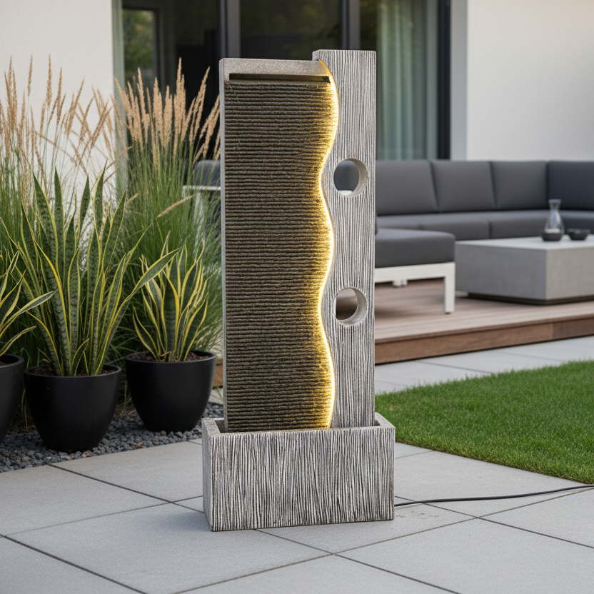 Decorative outdoor water fountain with LED lighting in a garden setting.