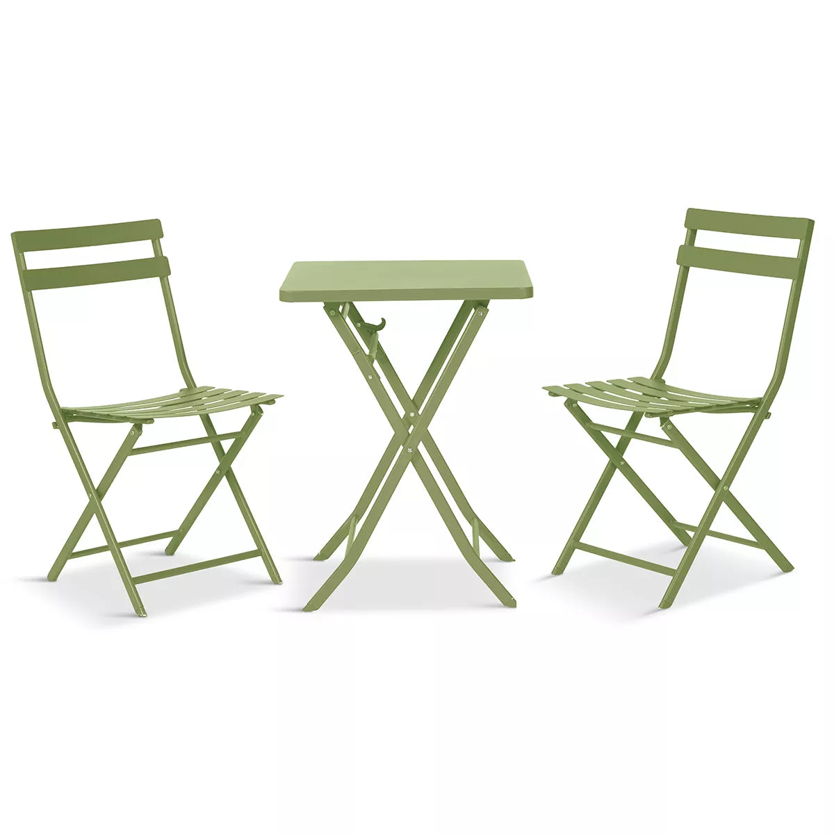 Green folding table with two chairs on a white background