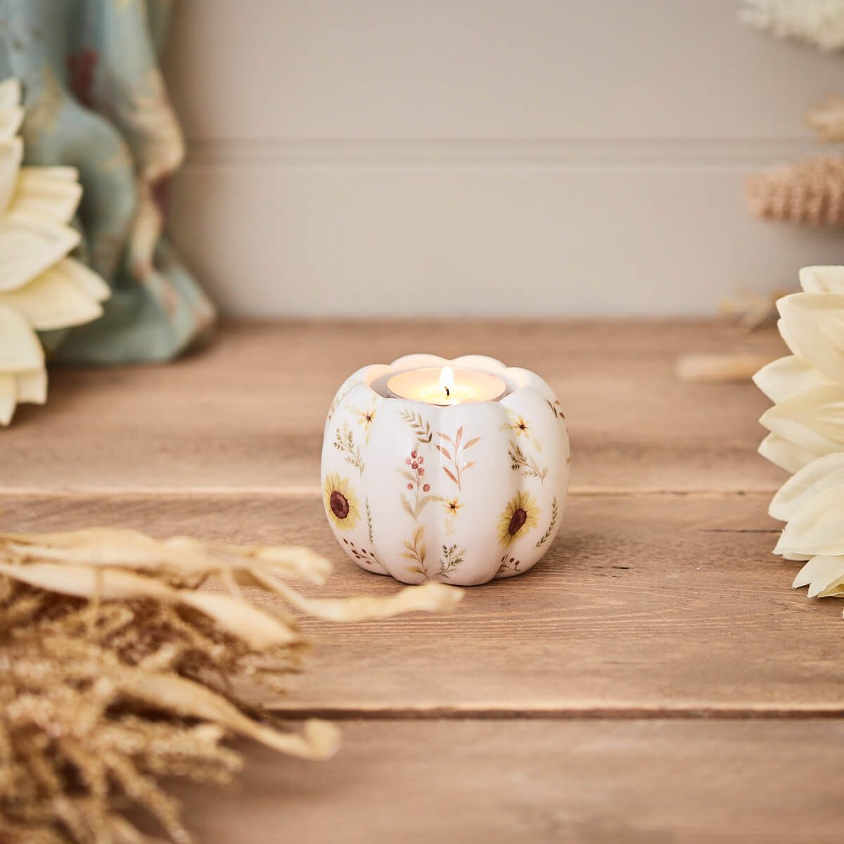 Ceramic Pumpkin Tealight Holder with Hand painted Floral Motif