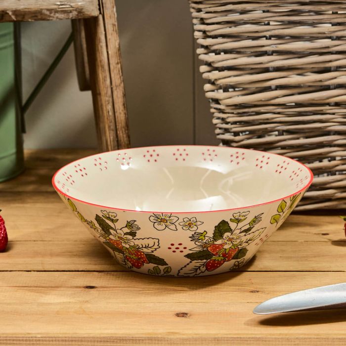 Strawberry Hand Painted Debossed Ceramic Bowl Large