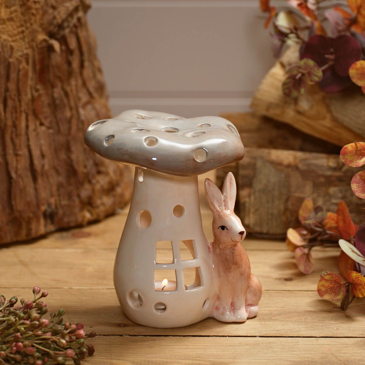 Woodland Rustic Ceramic Mushroom with Hare Tea Light Holder