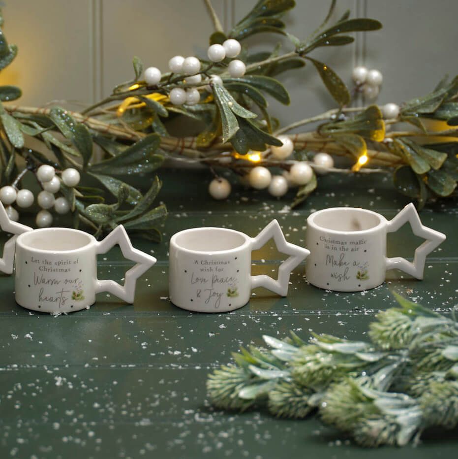 Xmas Sentiment Cup Tealight Holder White Ceramic With Star Handle
