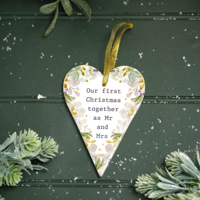 With Love At Christmas Mr And Mrs First Christmas Raised Design With Gold Ceramic Heart Hanger