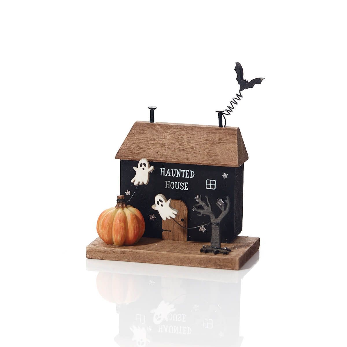 Halloween Haunted House Block Wooden with Bats & Pumpkin