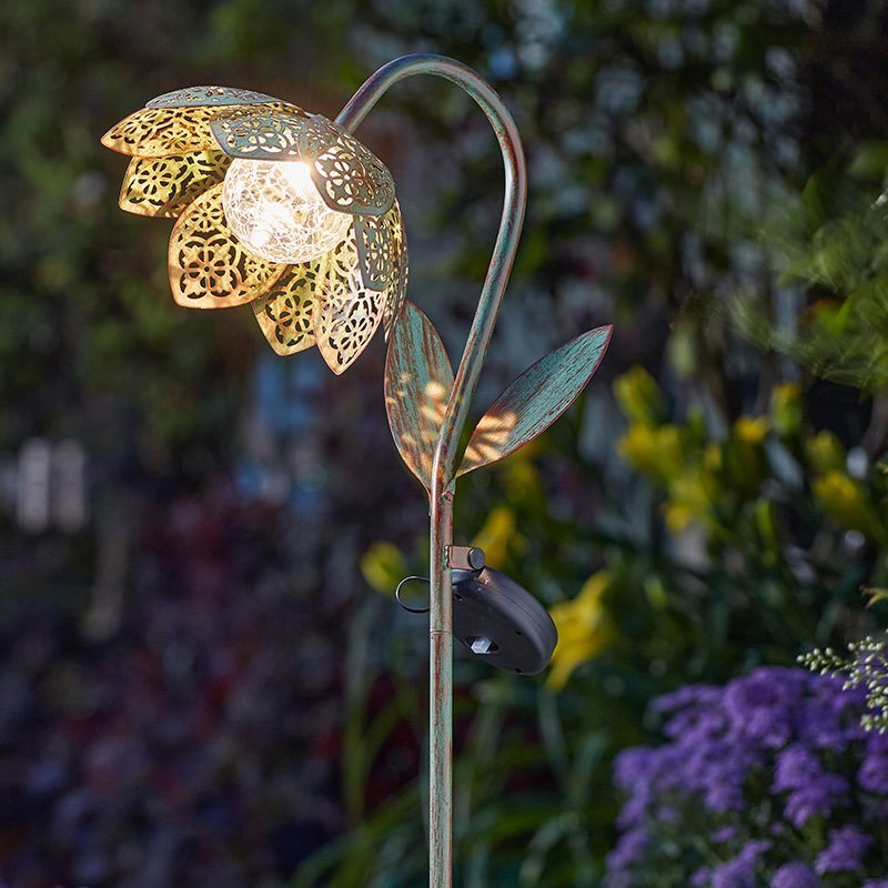 Damasque Solar Bloom Flower in Verdigris Stake Light – Southwood Garden ...