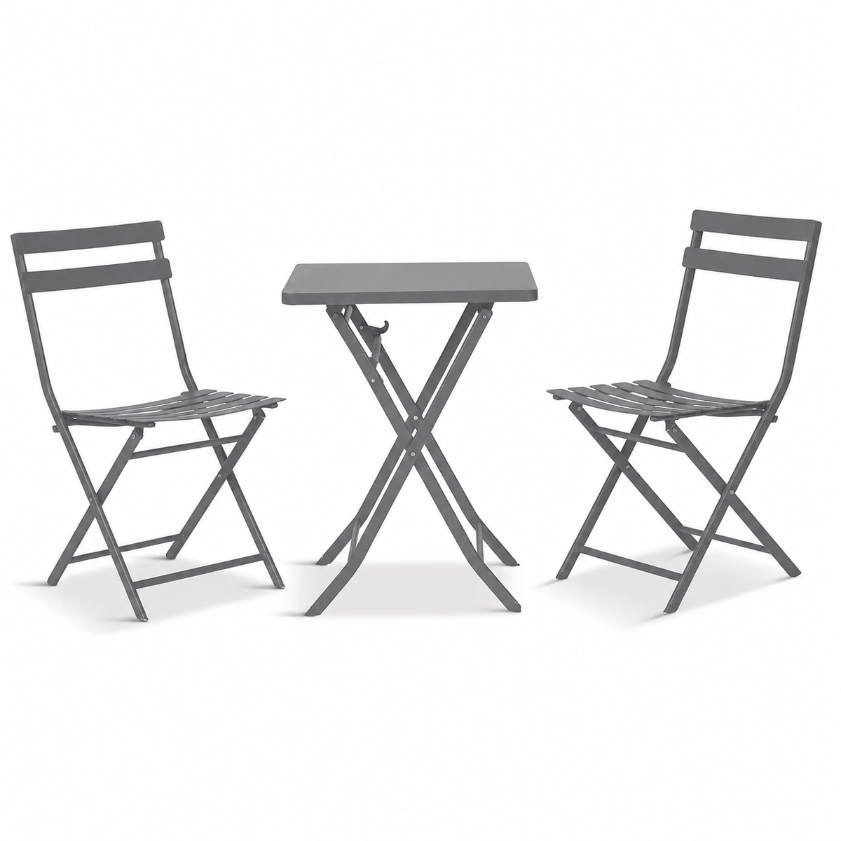 Grey folding table with two matching chairs on a white background