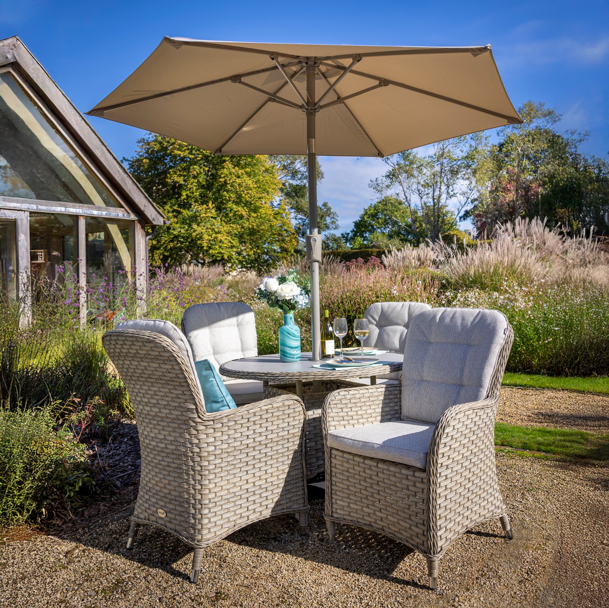 Hartman - Eton 4 Seat Dining Set with 2.5m Parasol & Base