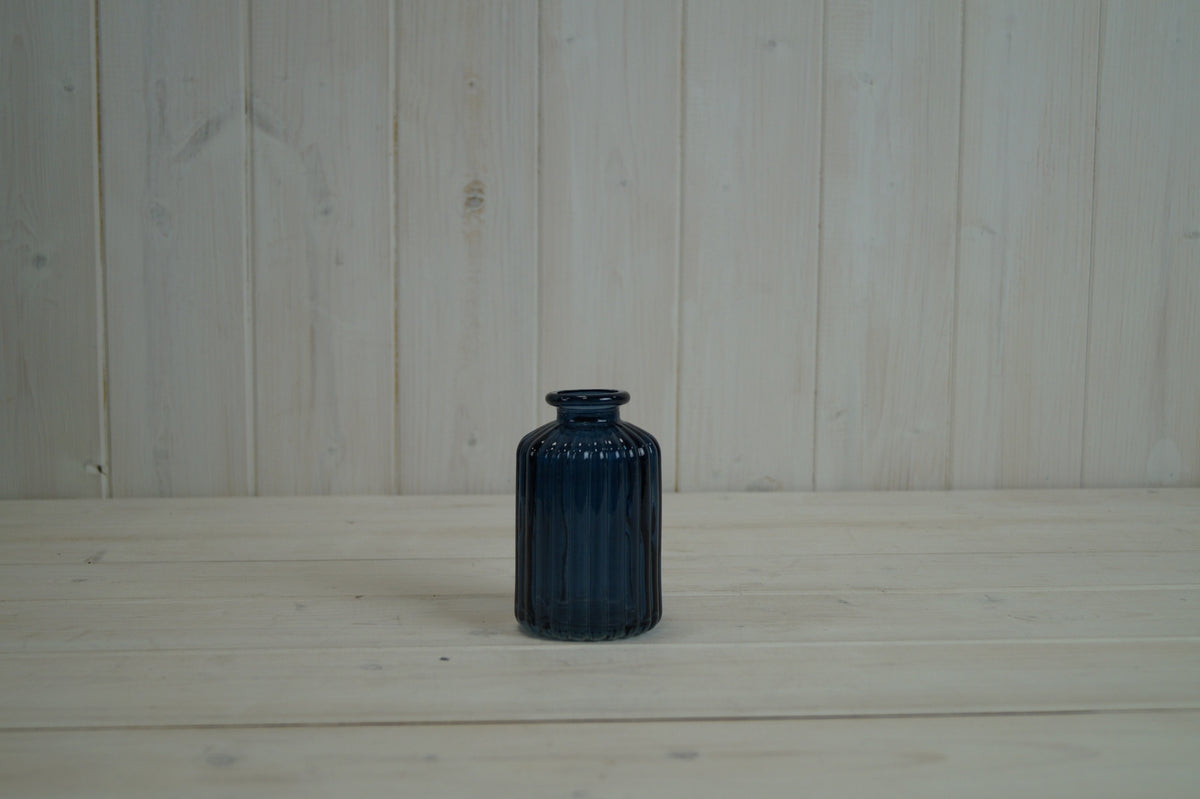 Blue Ribbed Glass Bottle Vase - 10cm