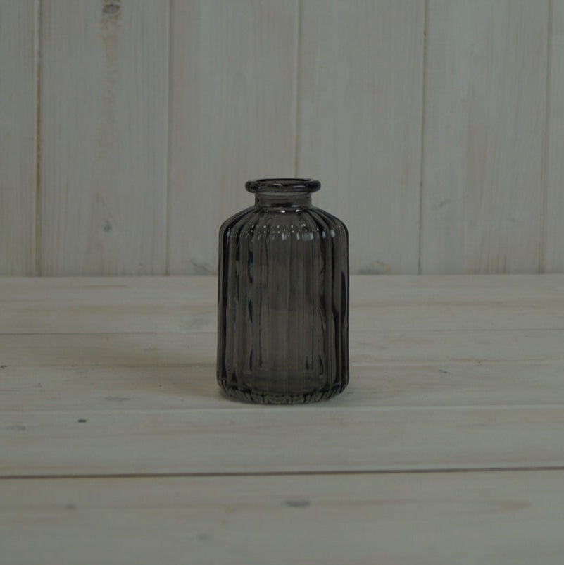 Glass Smokey Grey Ribbed Bottle Vase - 10cm