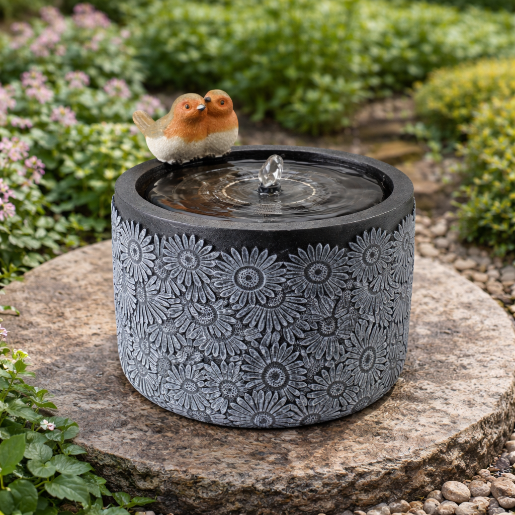 Lumineo Solar Floral Robin Bird Bath Outdoor Water Feature