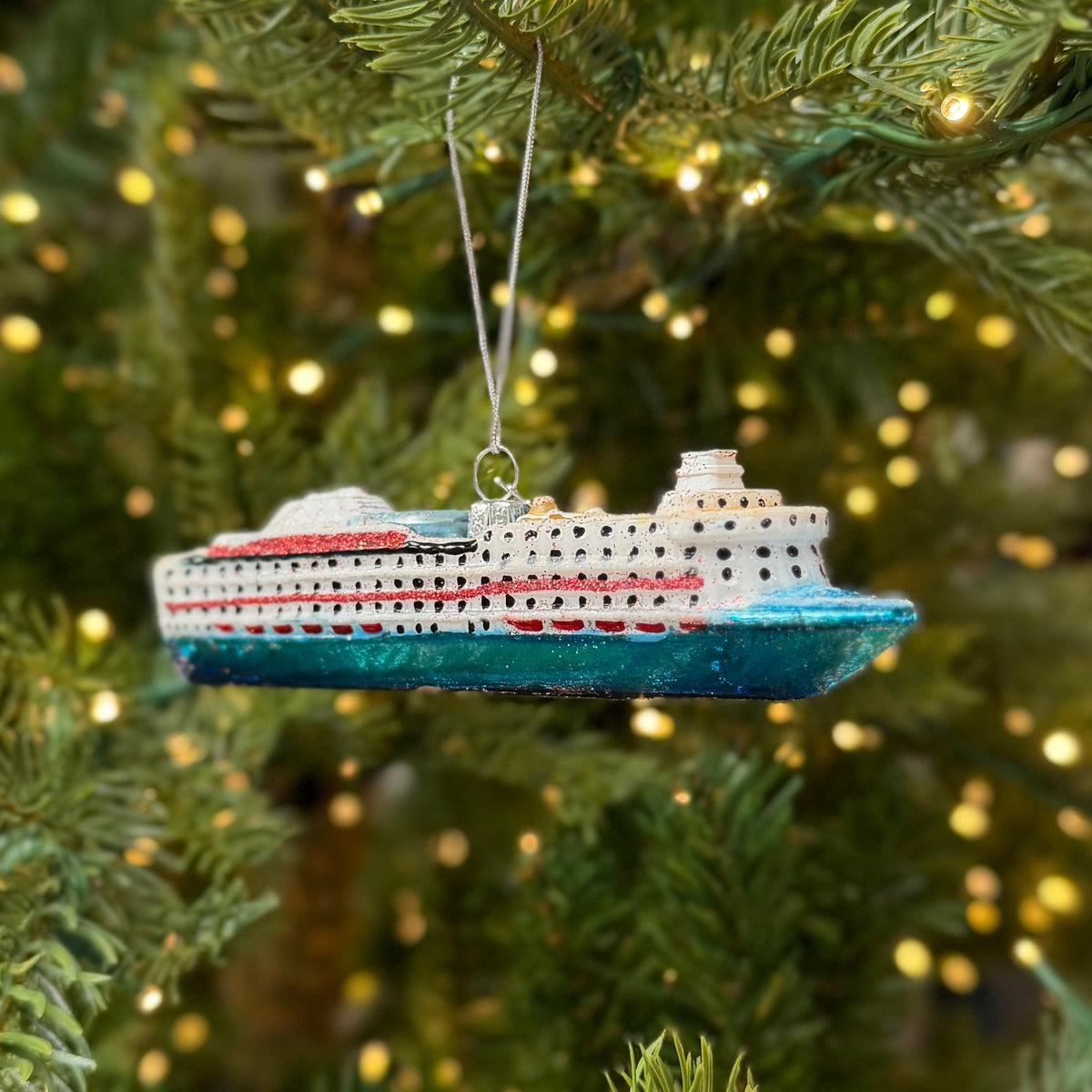 Noble Gems Glass Cruise Ship Christmas Bauble with Glitter