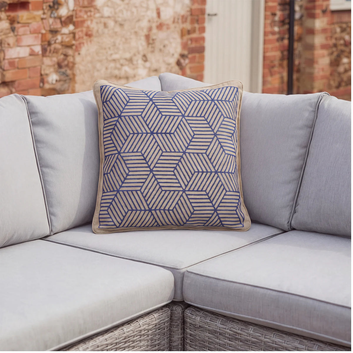 LG Outdoor Square Blue Striped Cubes Embroidered Garden Furniture Scatter Cushion