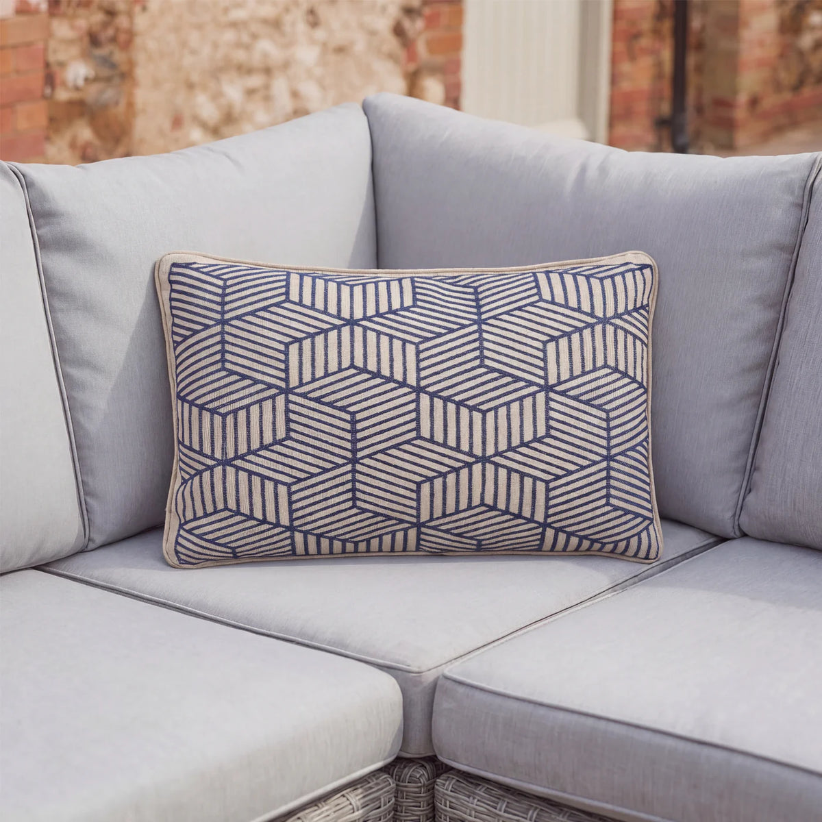 LG Outdoor Blue Striped Cubes Embroidered Garden Furniture Scatter Cushion
