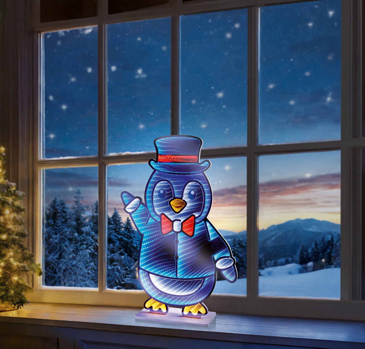 Premier Penguin with Bow Tie and Top Hat Infinity Mirror - 40cm