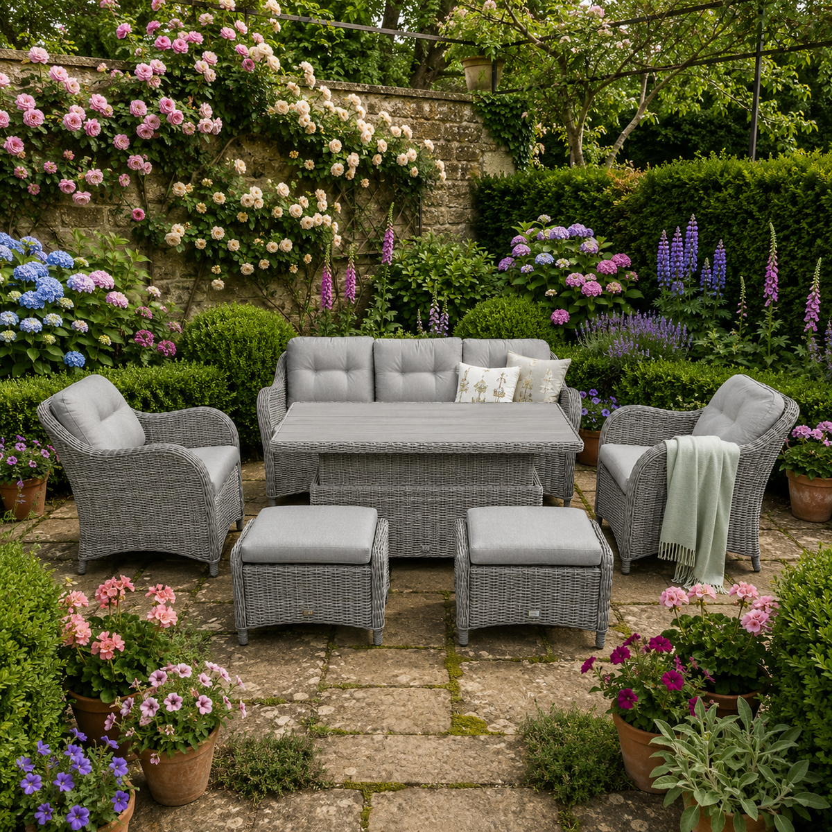 Leisure Grow - St Tropez Stone Lounge Dining Set with Adjustable Table - Stone Grey
