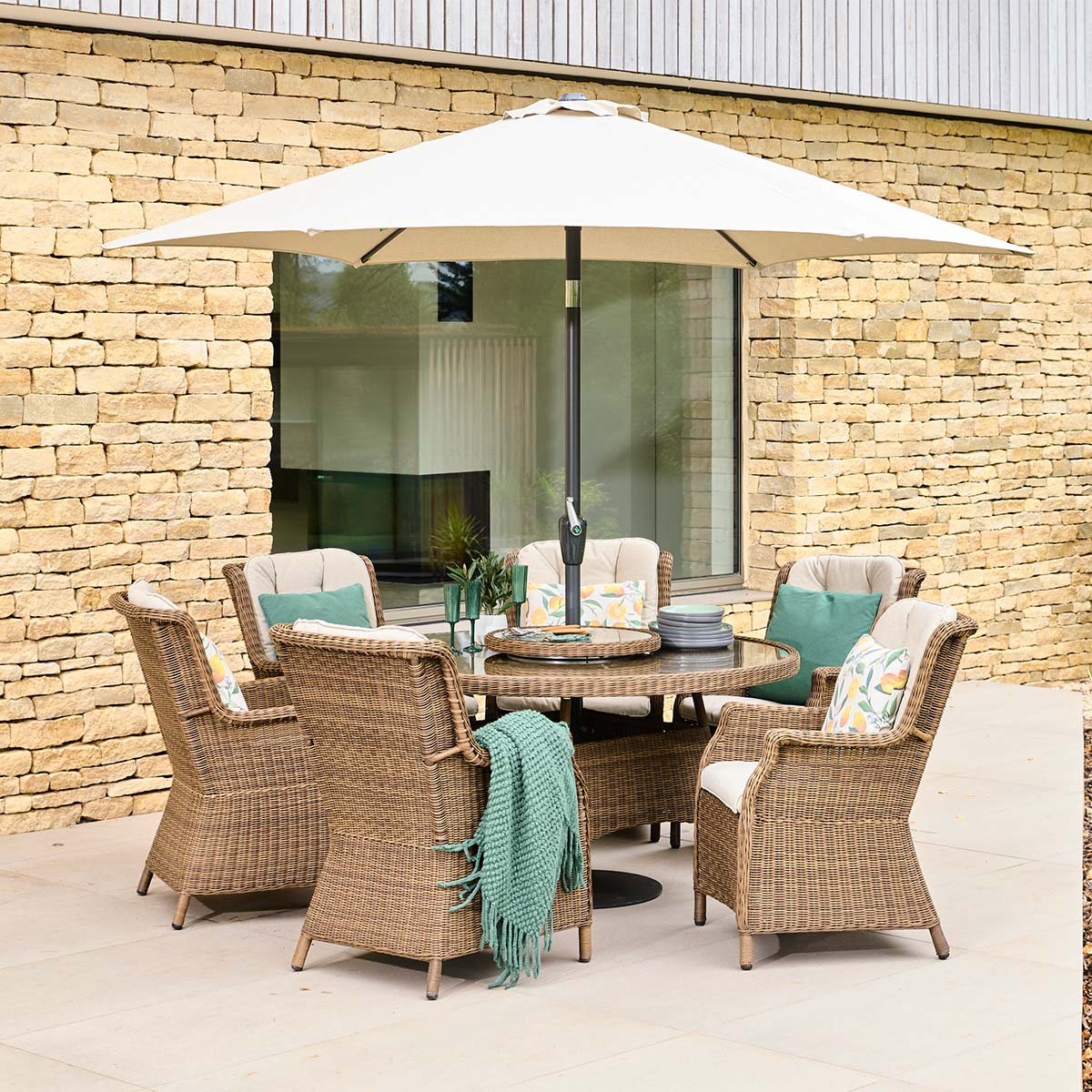 Leisure Grow - Montpellier 6 Seat Dining Set with Weave Lazy Susan and Deluxe 3.0m Parasol