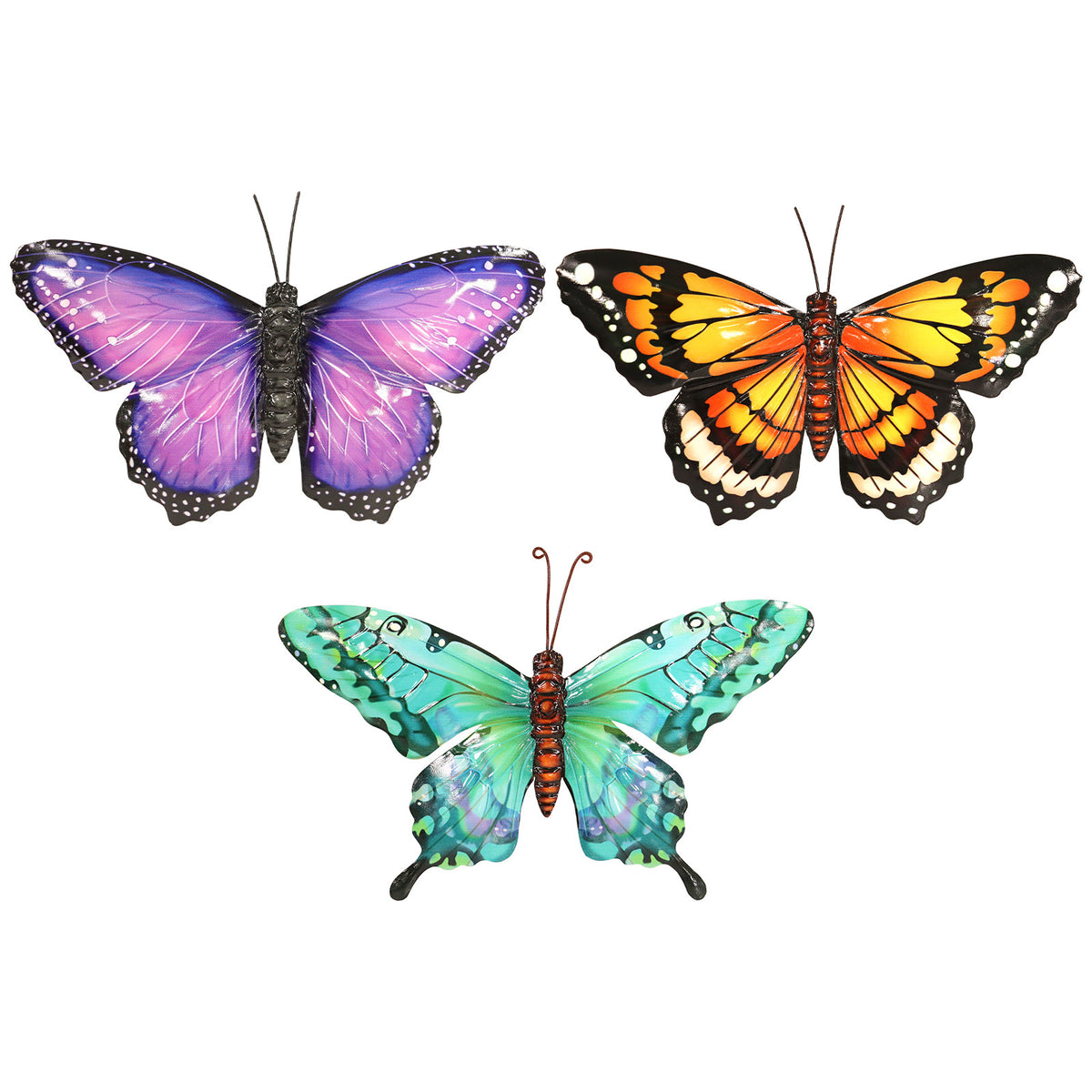 Purple, Orange & Cyan Set of 3 Small Metal Butterflies Garden Ornaments