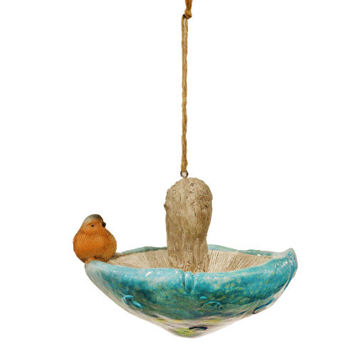 Blue Resin Mushroom Bird Feeder with Robin