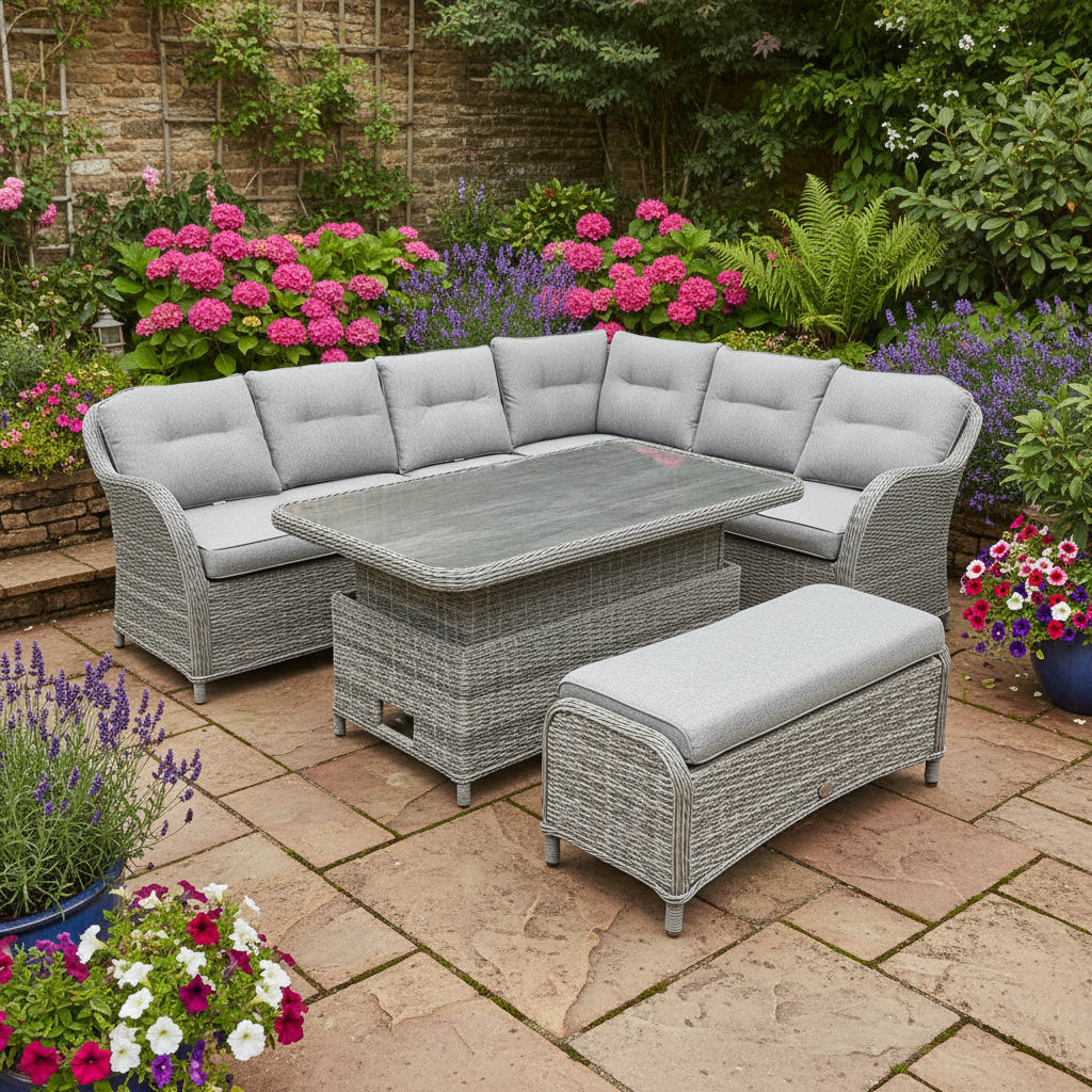 Grow - St Tropez Stone Rectangular Corner Dining Modular with Adjustable Table - Stone Grey